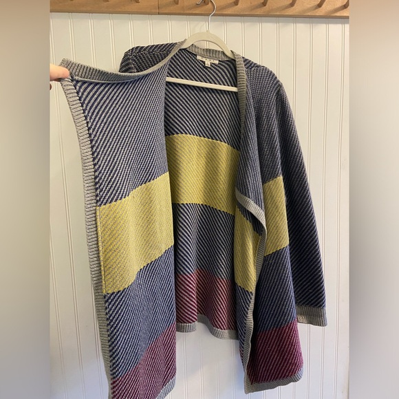 Cabi Long Wrap Cotton Sweater Colorblock Navy Grey Burgundy Yellow Warm Hygge XL - Picture 3 of 8